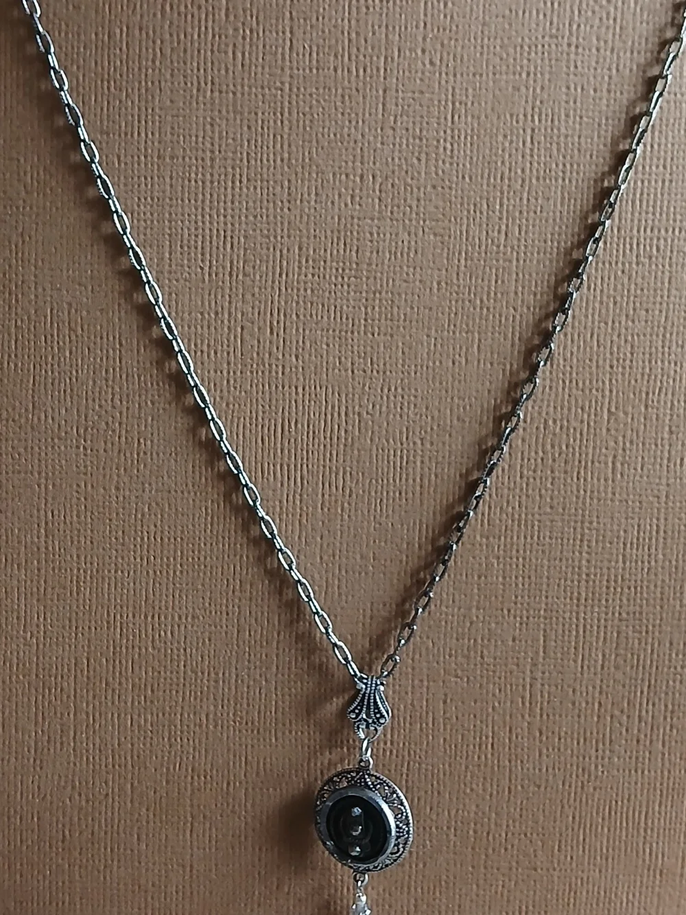 Antique Picture Button Necklace Cut Steel Riveted Oxidized Silver
